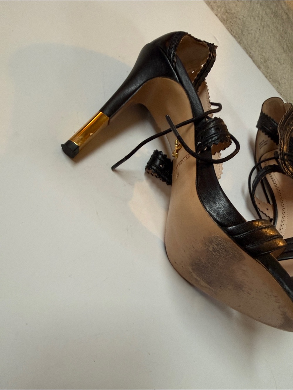 Pour La Victoire Shanna Black Nappa Lace-Up Stiletto Heels with Gold Accent - Picture 3 of 7